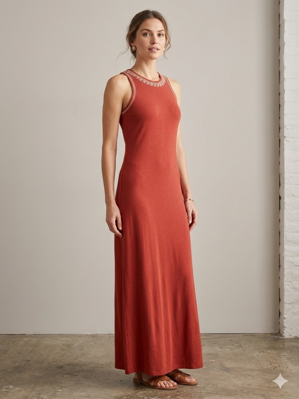 Garnet Hill Embroidered Jewel Neck Maxi Dress Women's S Orange Knit Seam Pockets